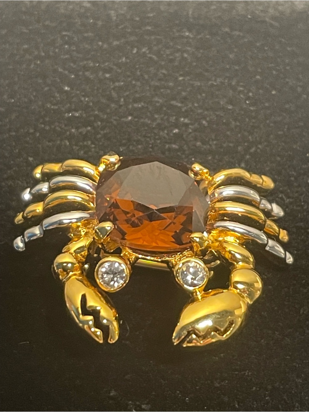 Gold-Tone Crab Brooch with Amber Center and Clear Accents